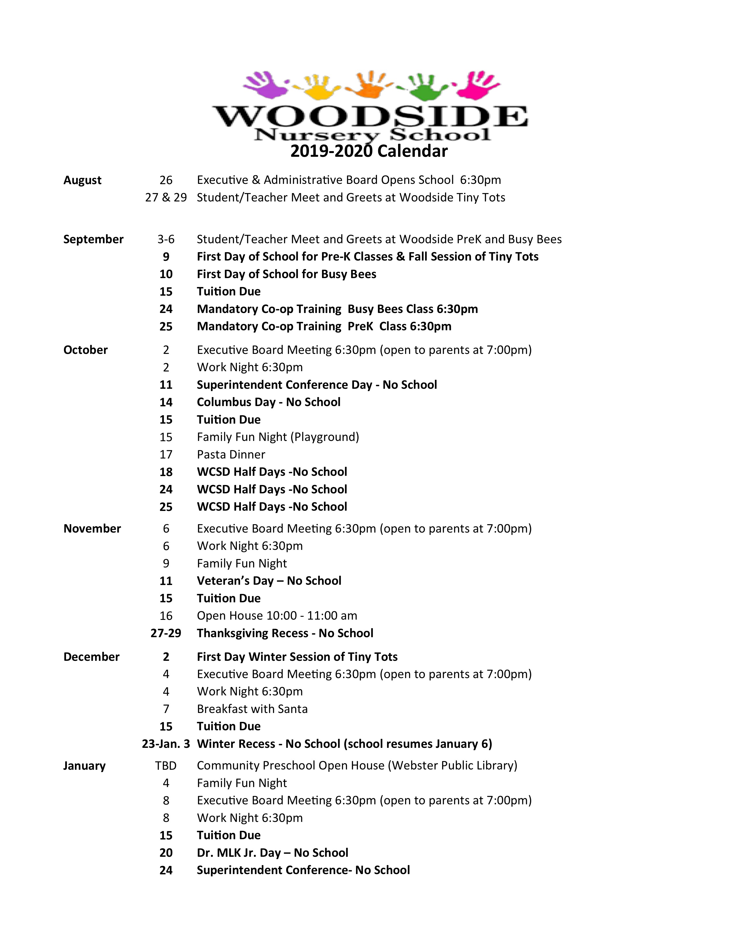 Calendar Woodside Nursery School